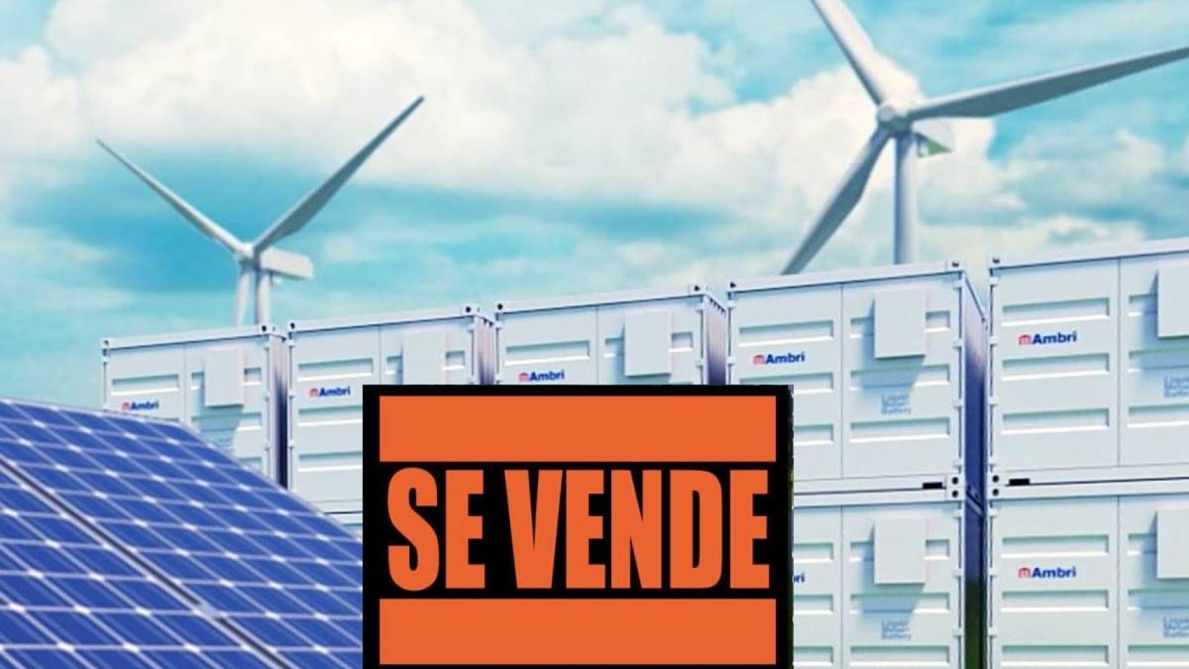 Fotomontaje de unas tecnologías renovables (eólica, fotovoltaica y baterías) con el cartel de SE VENDE