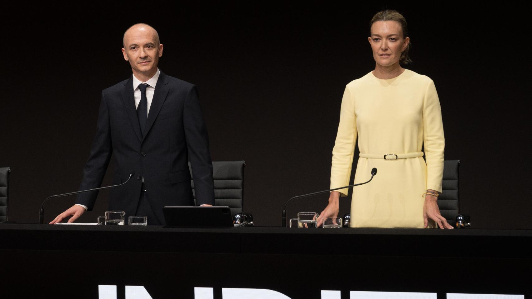 La presidenta de Inditex, Marta Ortega, y el consejero delegado, Óscar García, Maceiras, durante la Junta General de accionistas de Inditex, a 15 de julio de 2025, en Arteixo, A Coruña, Galicia (España).