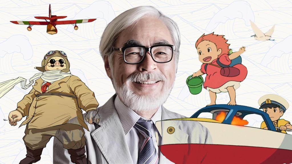 Collage de Hayao Miyazaki junto a 'Porco Rosso' y 'Ponyo'. Diseño: Rubén Vique