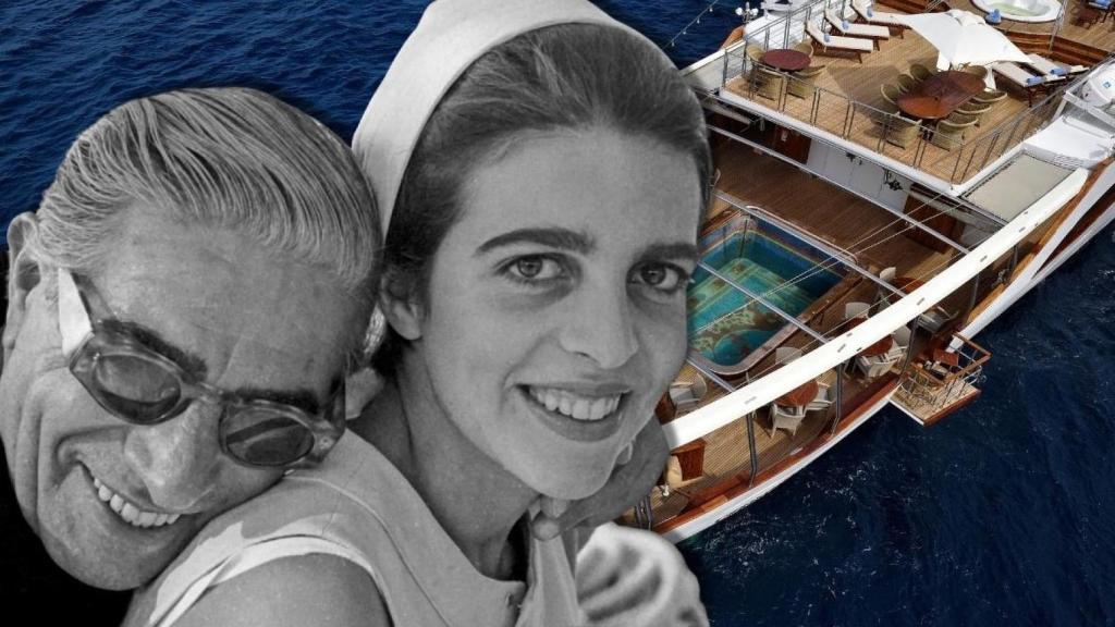 Christina y Aristóteles Onassis junto a su yate en un montaje de JALEOS.