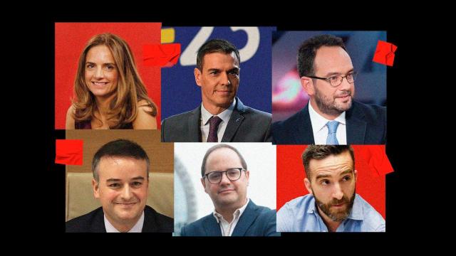 En la ilustración: Susana Sumelzo, Pedro Sánchez, Francisco Polo, Antonio Hernando, Iván Redondo y César Luena.