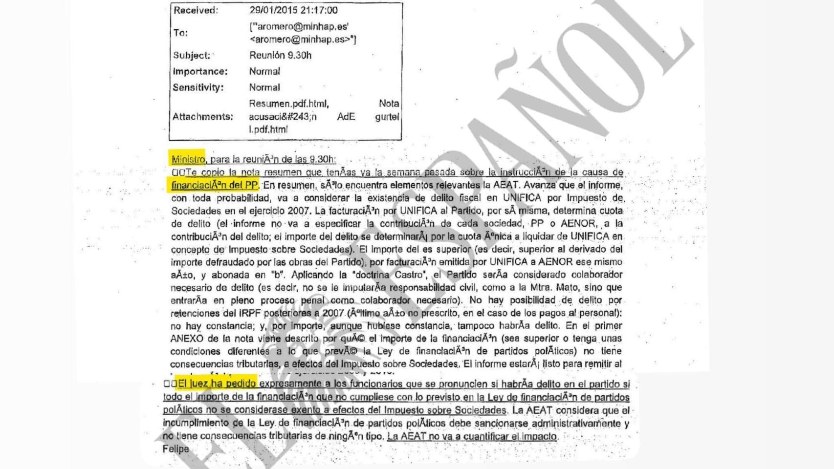 Correo del jefe de gabinete de Montoro en el que le adelanta el informe que la AEAT va a enviar al juez sobre el pago de las obras de la sede de Génova con la 'caja B' del PP./