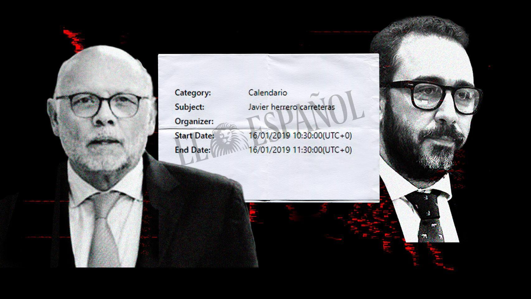 Javier Herrero, exdirector general de Carreteras, y Víctor de Aldama junto a una de las citas de la agenda halladas en el móvil del empresario.