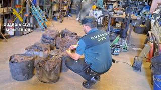 Un guardia civil examina unos cables de cobre.