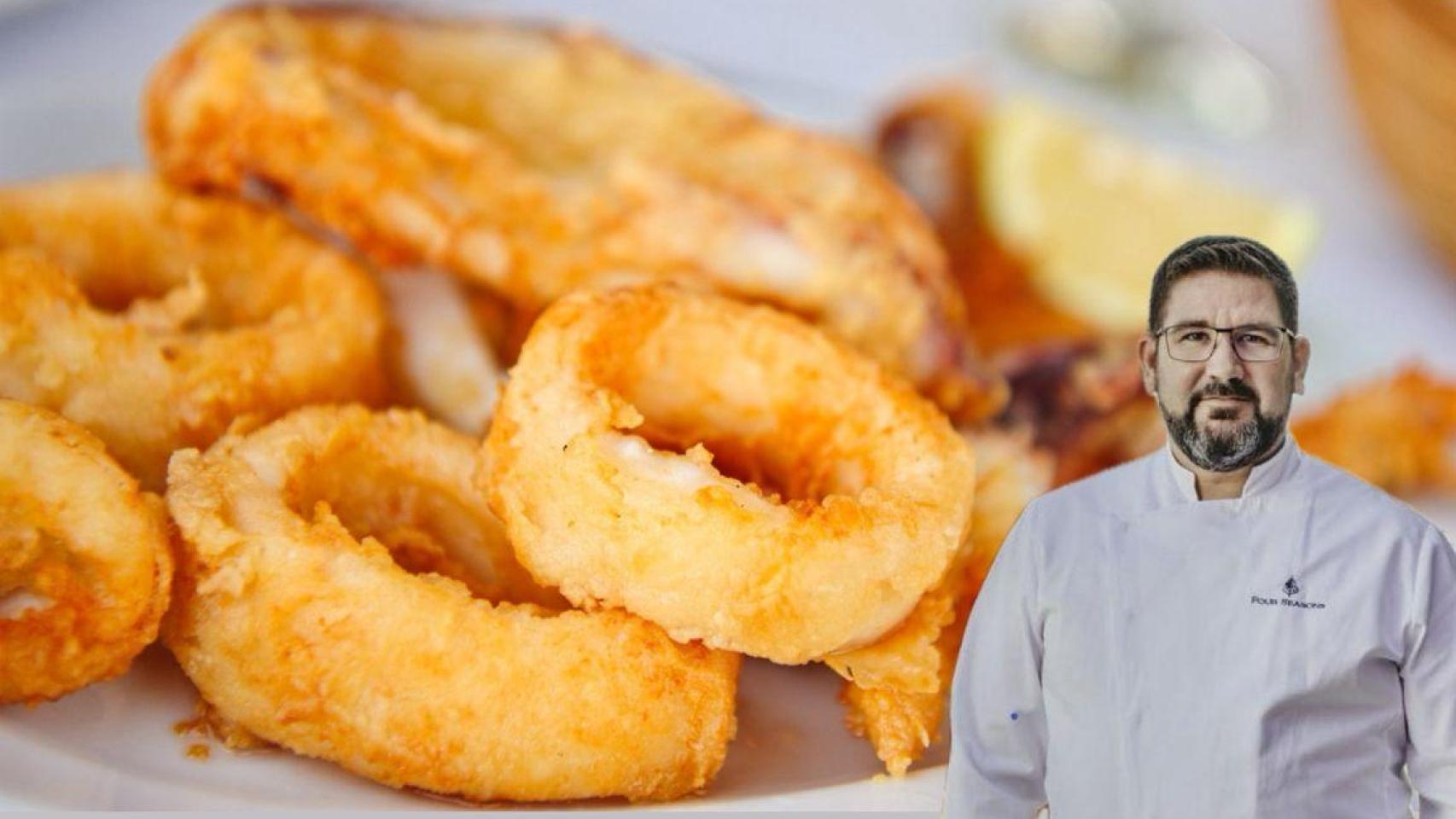 El chef Dani García, junto a un plato de calamares fritos.