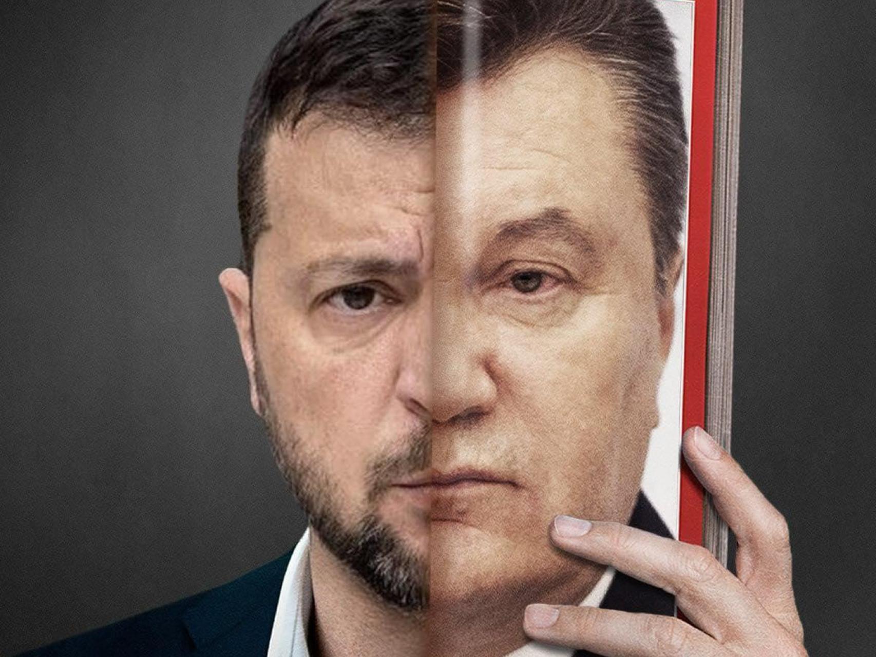 Volodímir Zelenski, comparado con el presidente fugado Víktor Yanukóvich en un cartel visto en las protestas.