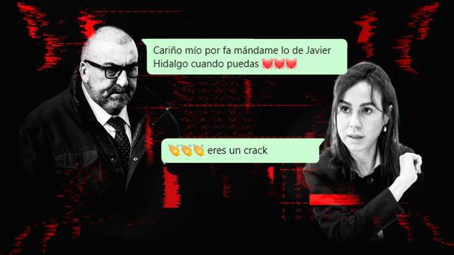 Koldo García e Isabel Pardo de Vera junto a dos whatsapps encontrados en el móvil de Víctor de Aldama.