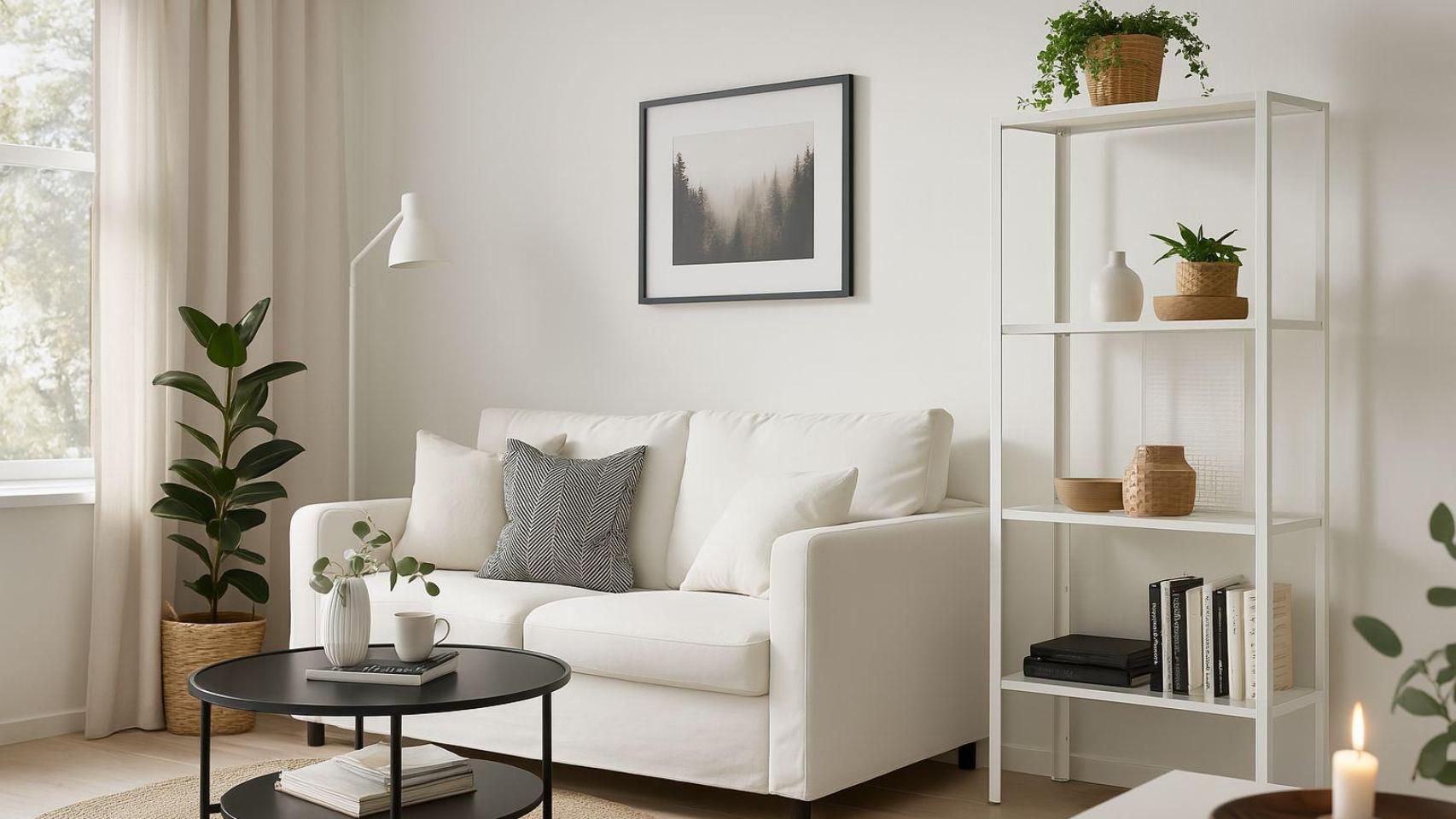 Un salón con una estantería de IKEA.