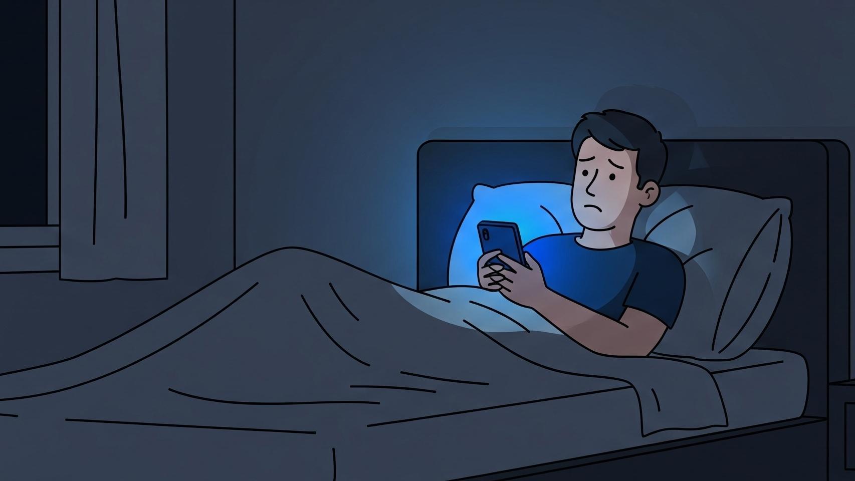 Ilustración de un hombre usando un móvil en la cama de noche