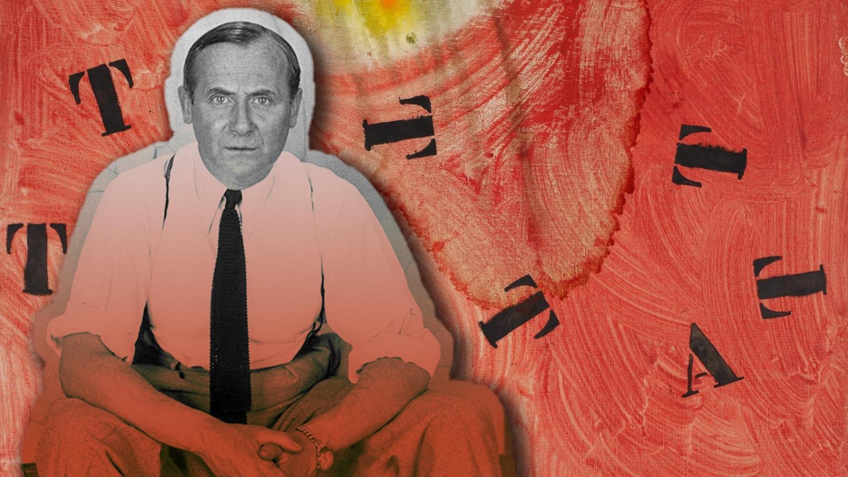 Retrato de Joan Miró por Joaquim Gomis, 1944 (© Herederos Joaquim Gomis. Fundació Joan Miró). Al fondo, detalle de la obra 'Lettres et chiffres attirés par une étincelle', de Joan Miró, 1968 (© Successió Miró, 2025. Foto: Cortesía Fundació Joan Miró, Barcelona)