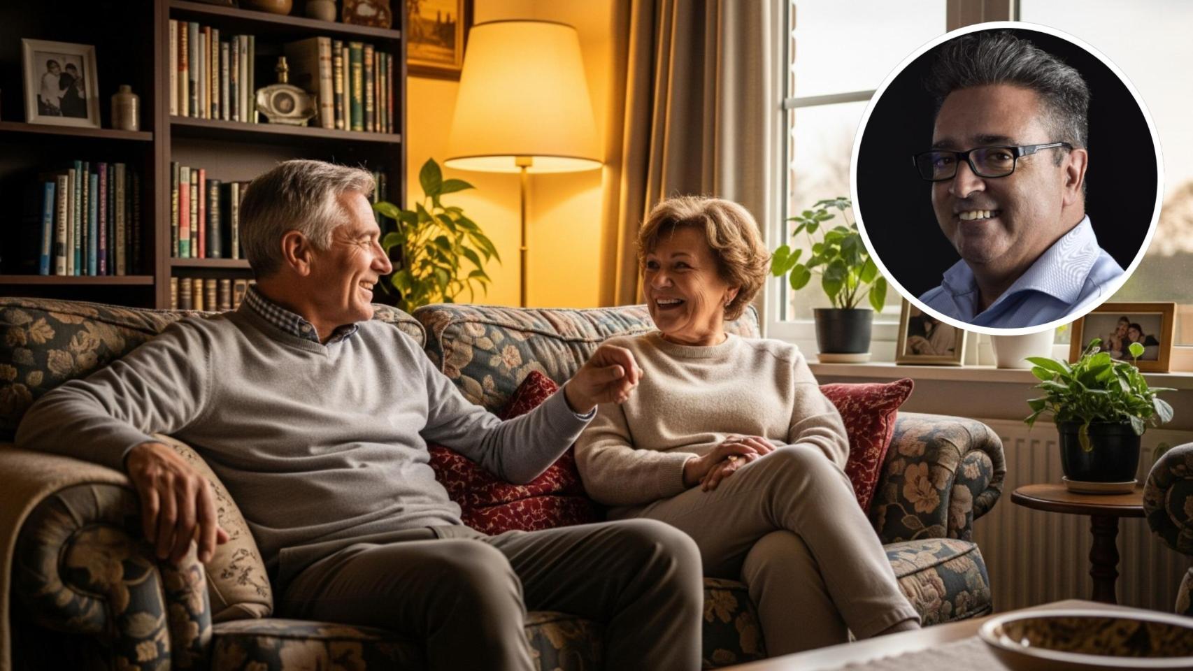 Montaje de Rodolfo Nevado y dos pensionistas en su casa en una imagen creada con IA.