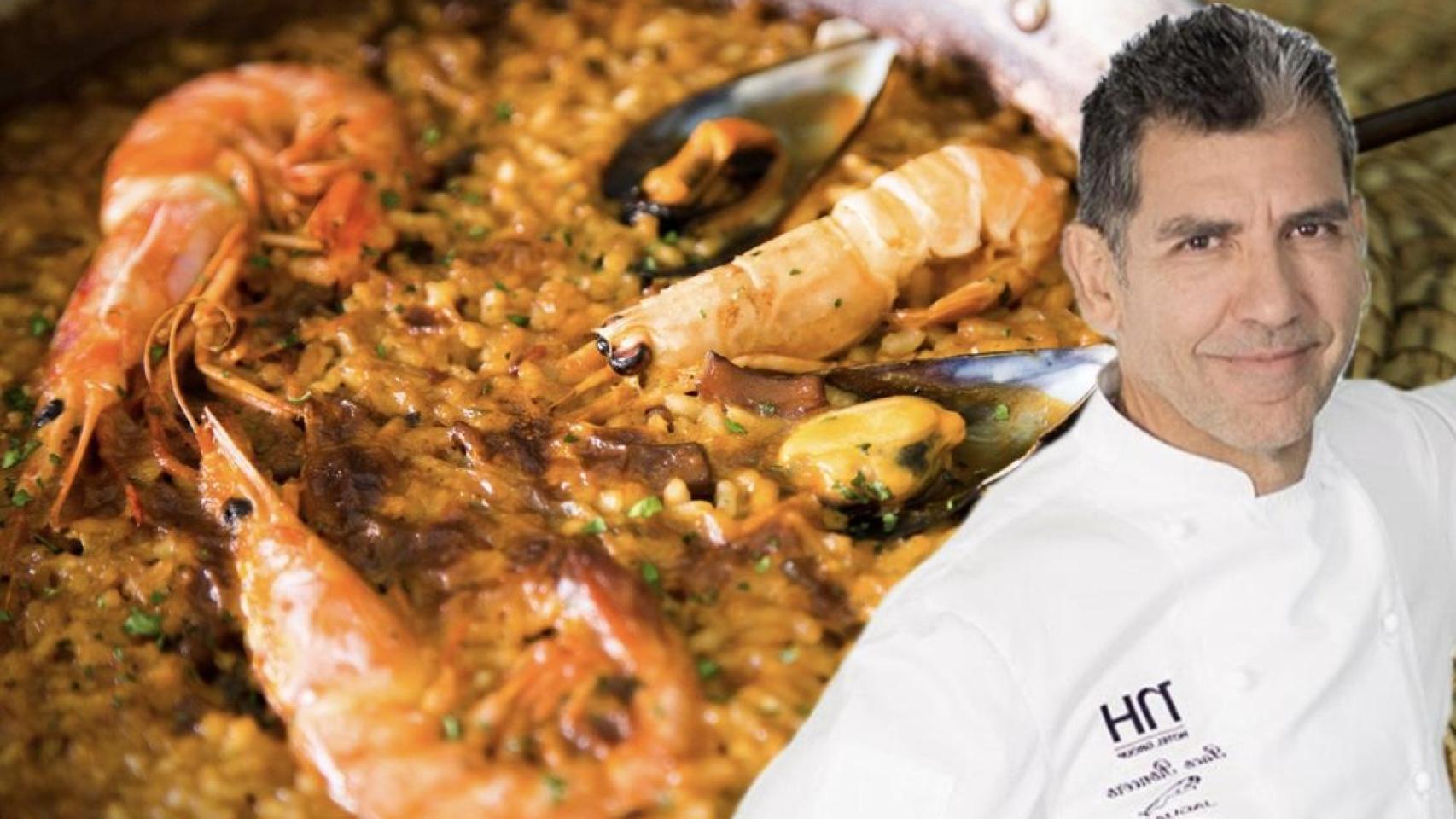 El chef Paco Roncero y un plato de arroz con marisco.