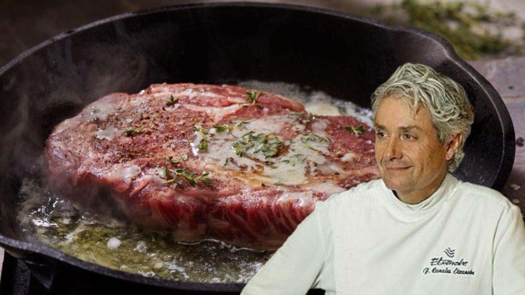 El chef Fernando Canales junto a un filete de carne.