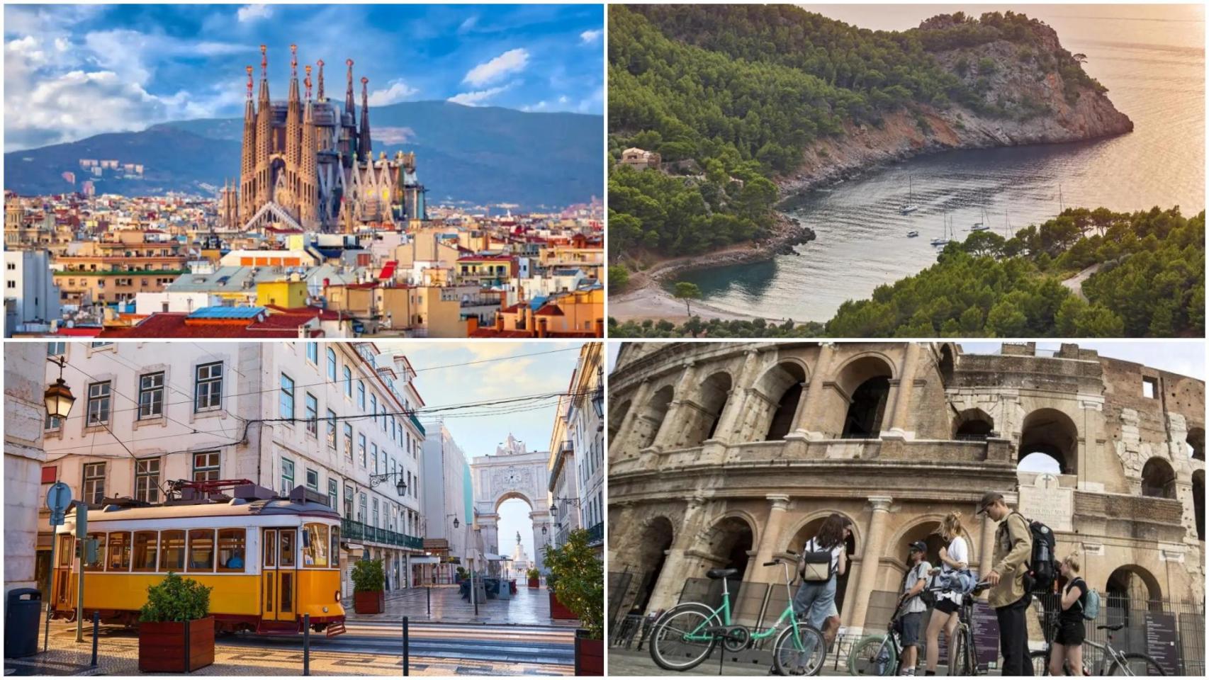 Panorámicas de Barcelona, una playa de Baleares, Lisboa y Roma, ciudades y comunidades que cobran tasa turística.