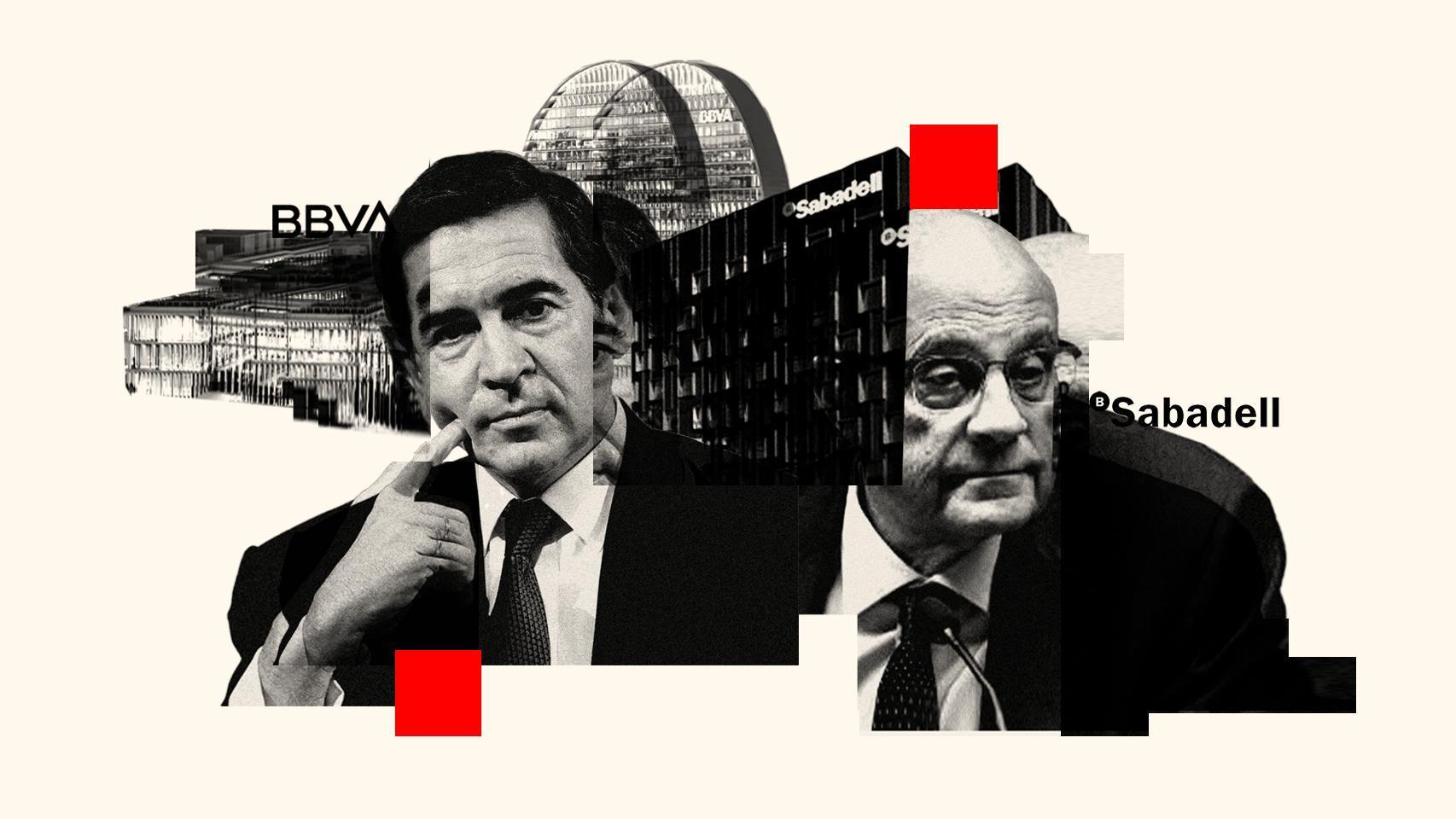 Ilustración con los presidentes de BBVA, Carlos Torres (i), y Banco Sabadell, Josep Oliu (d).
