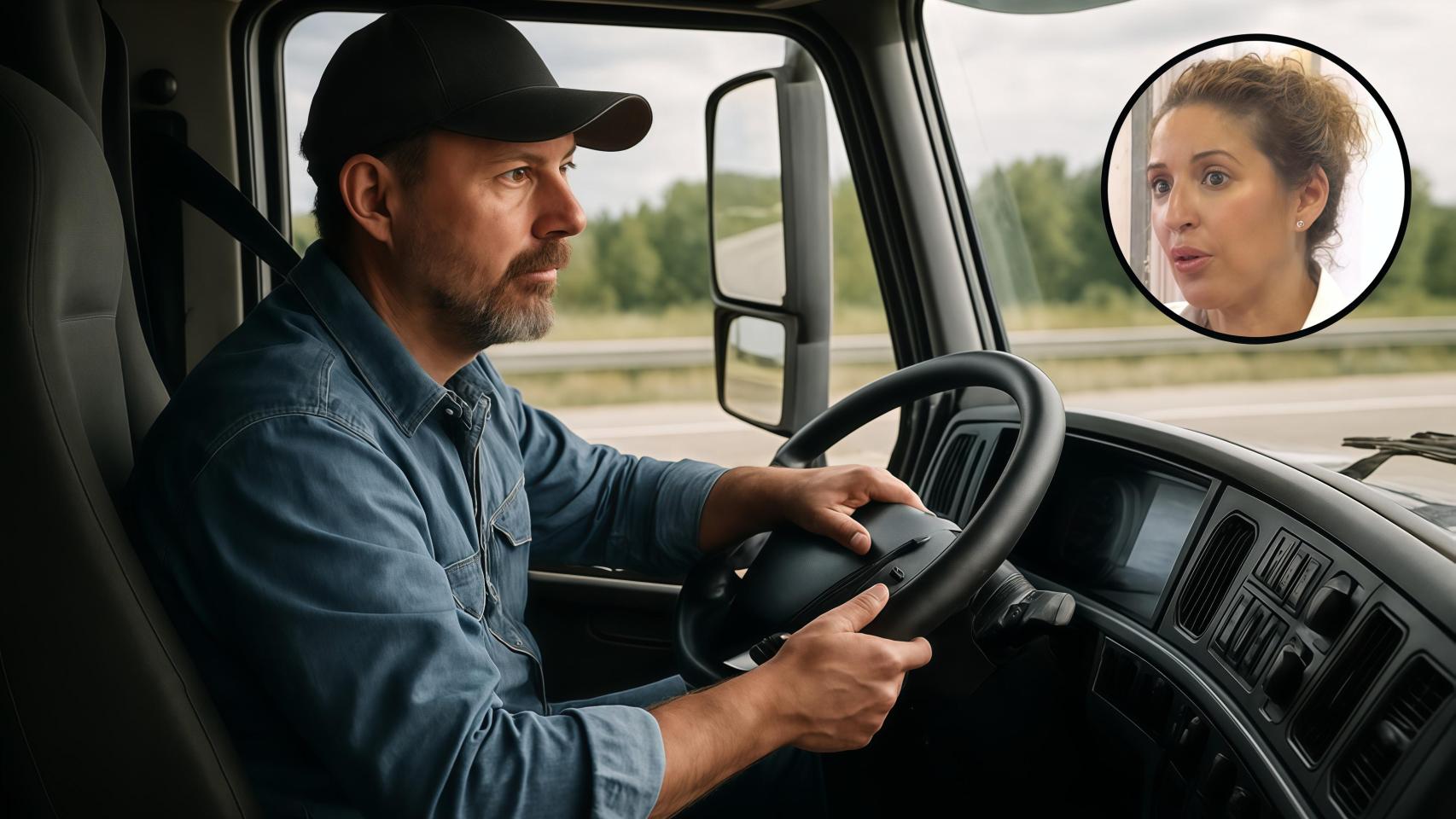 Montaje de un camionero junto a una empresaria del sector.