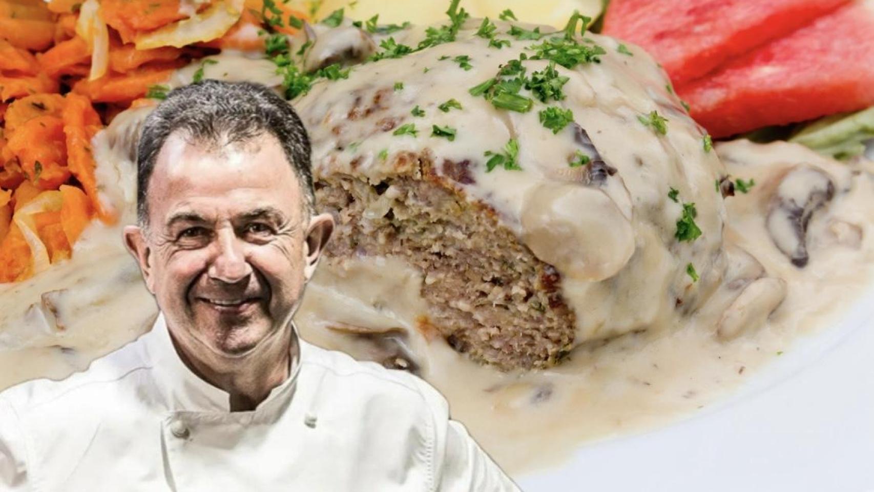 El chef Martín Berasategui y un plato de carne con salsa y verduras.