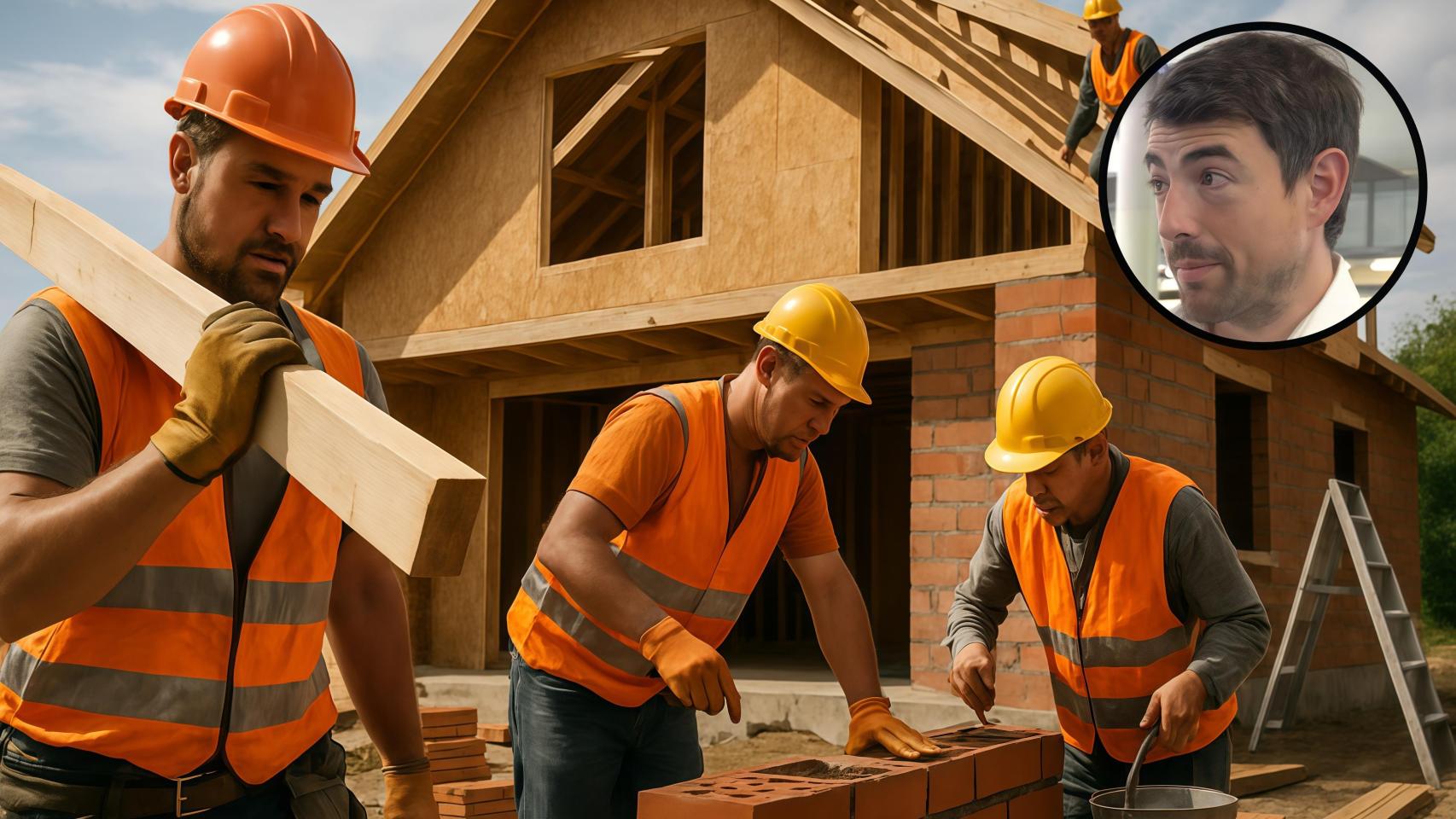 Montaje de un grupo de obreros junto con el empresario constructor.