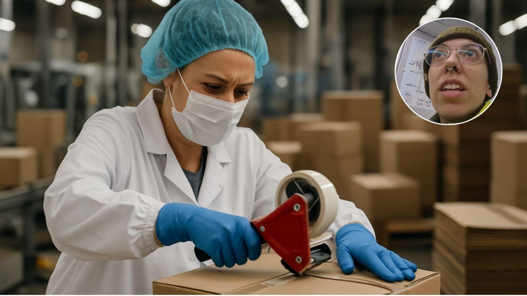 Imagen generada por IA de la operaria de fábrica y Nerea.