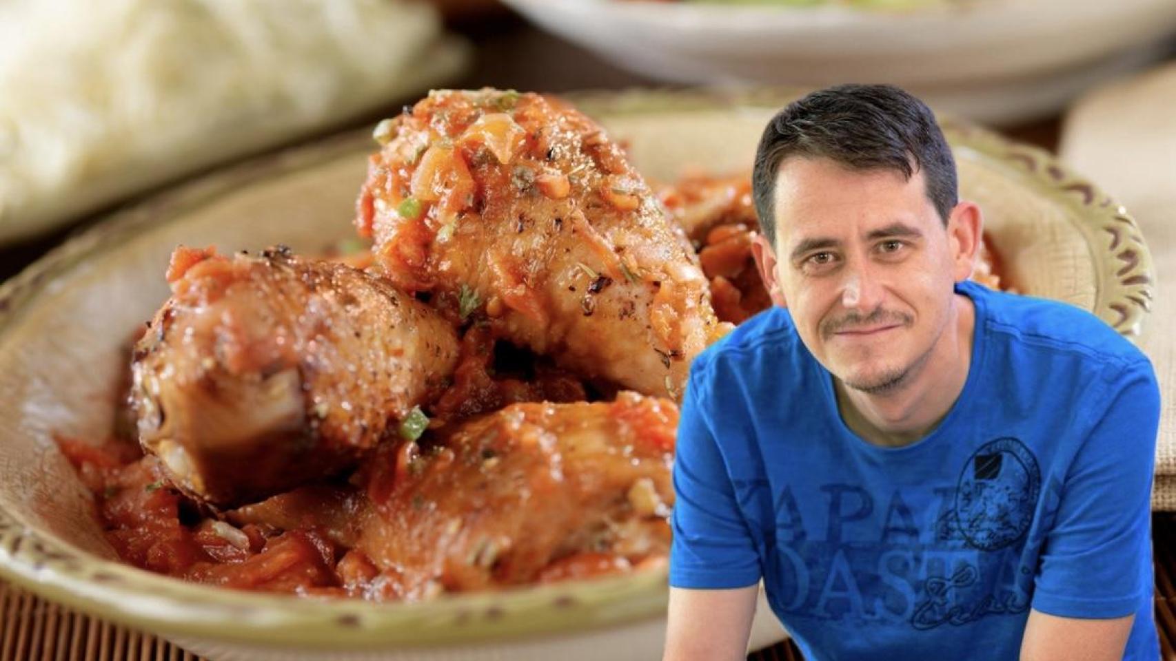 El cocinero Gorka Barredo y un plato de pollo guisado con verduras.