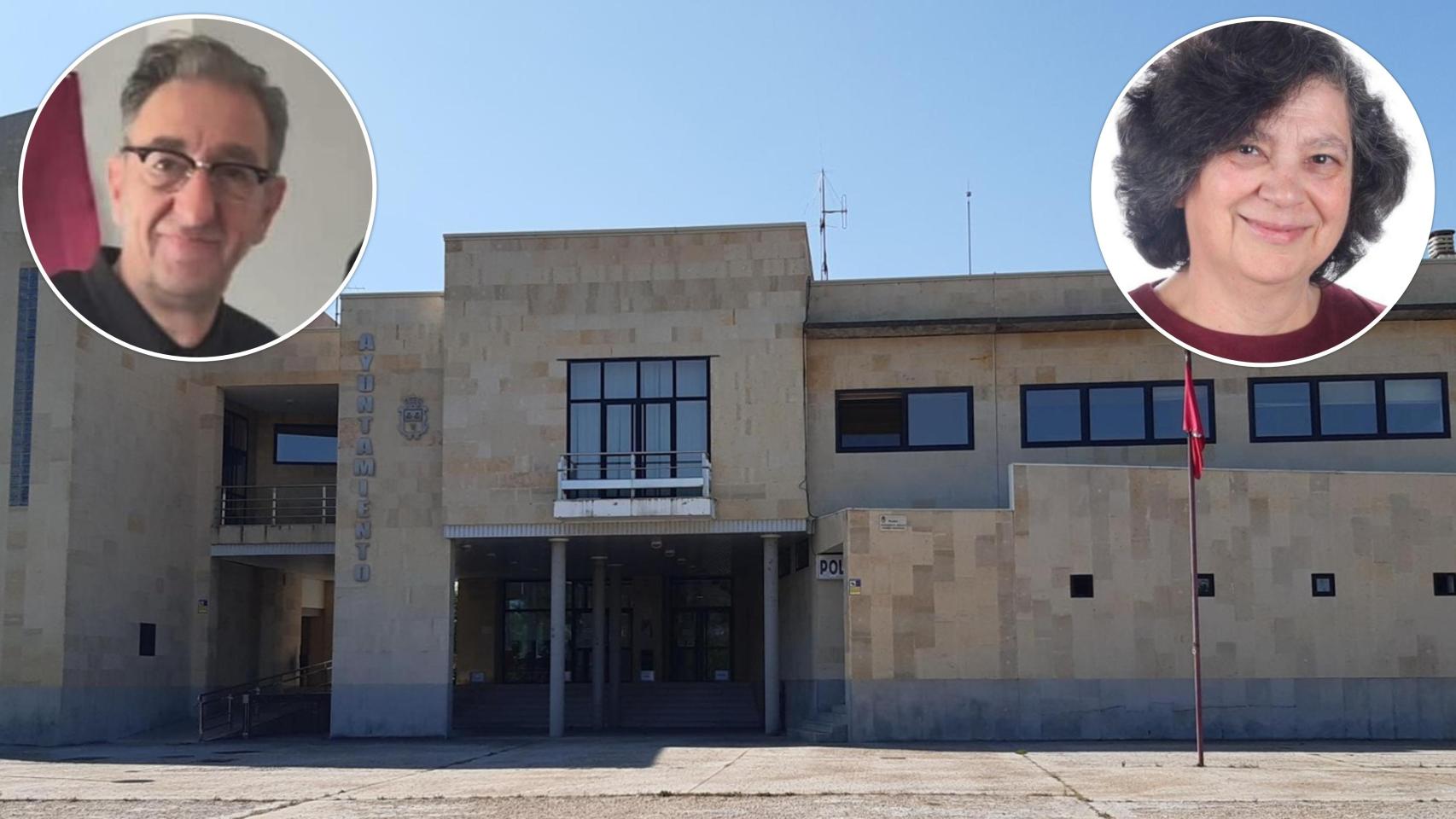 El Ayuntamiento de San Andrés del Rabanedo junto a una imagen de los concejales Manuel Romero y Laura Fernández