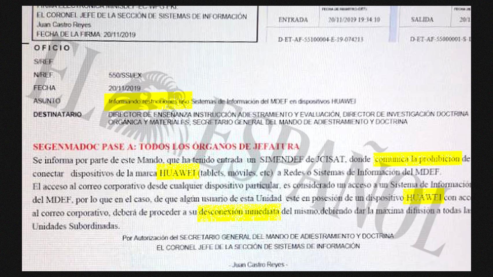 Orden reemitida a todos los trabajadores del Ministerio de Defensa en el año 2019 que establecía la desconexión inmediata de los dispositivos Huawei.