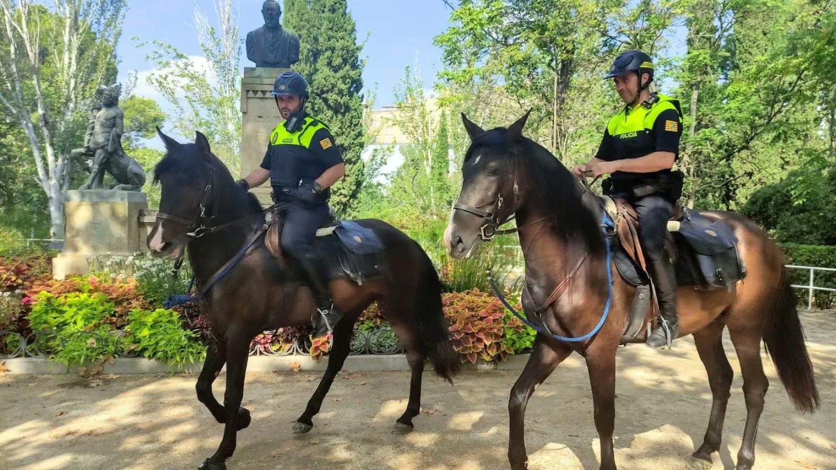 Dos agentes de la policía local montados sobre dos miembros del escuadrón, en la plaza del Pilar de Zaragoza.