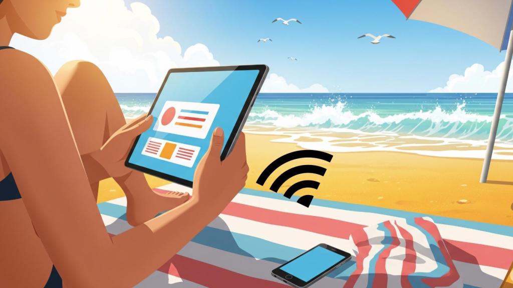 Ilustración de una mujer usando la tablet en la playa comnectada al móvil