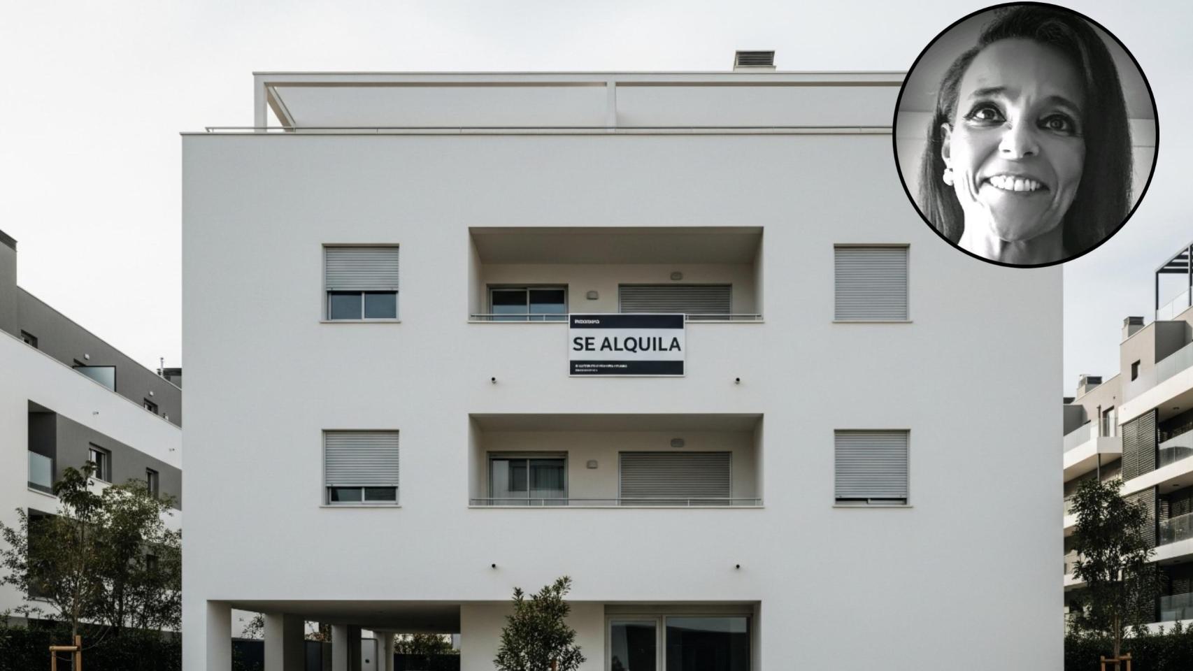 Montaje de Loreto Losada con un cartel de se alquila en una foto creada con IA.