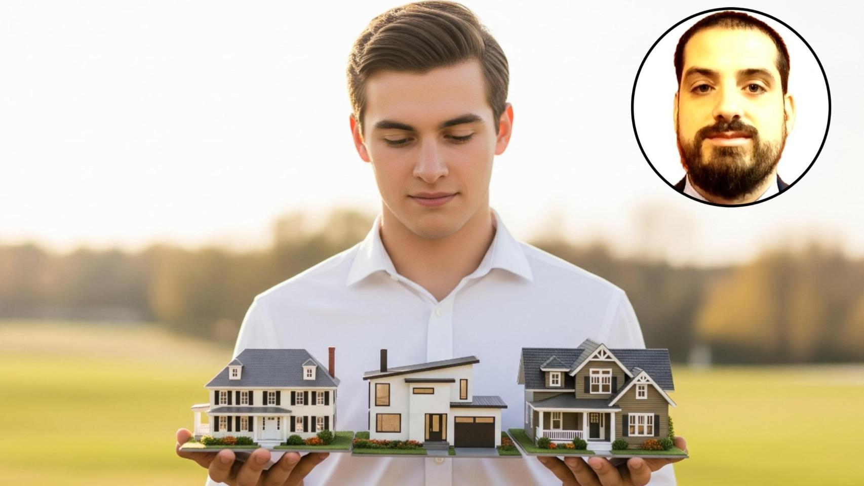 Montaje de David Cumplido con un joven portando tres viviendas en una imagen creada con IA.