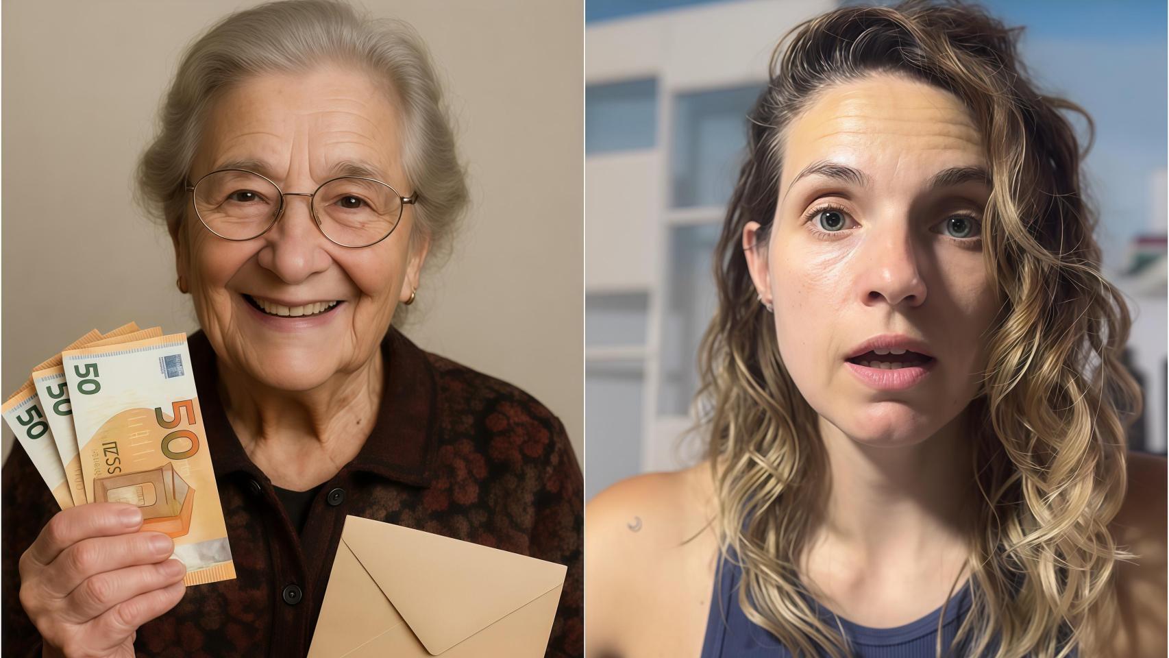 Montaje de una abuela generada con IA y Natalia Lara.