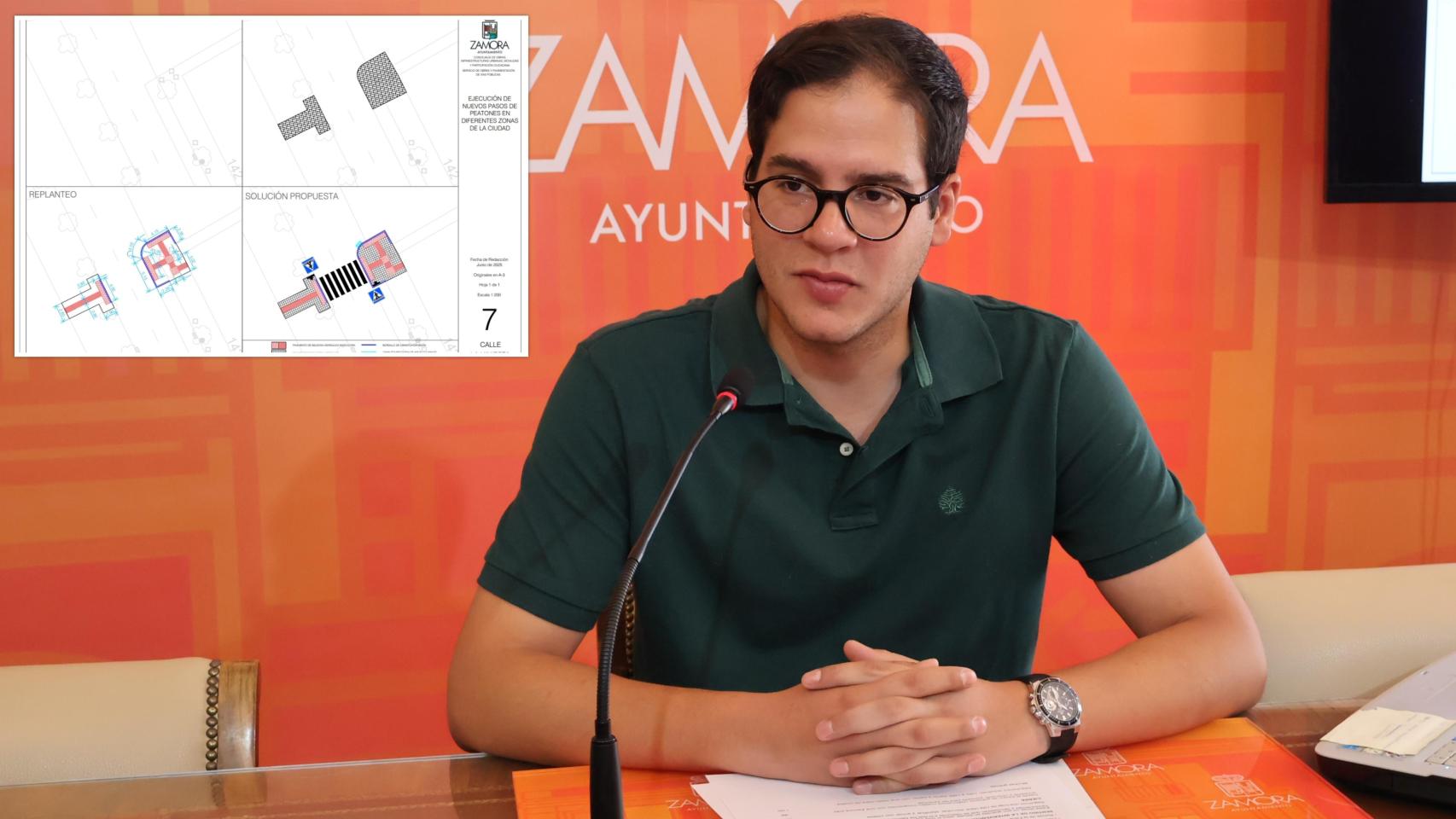 El concejal de Obras del Ayuntamiento de Zamora, Pablo Novo, anuncia seis nuevos pasos de peatones en la ciudad
