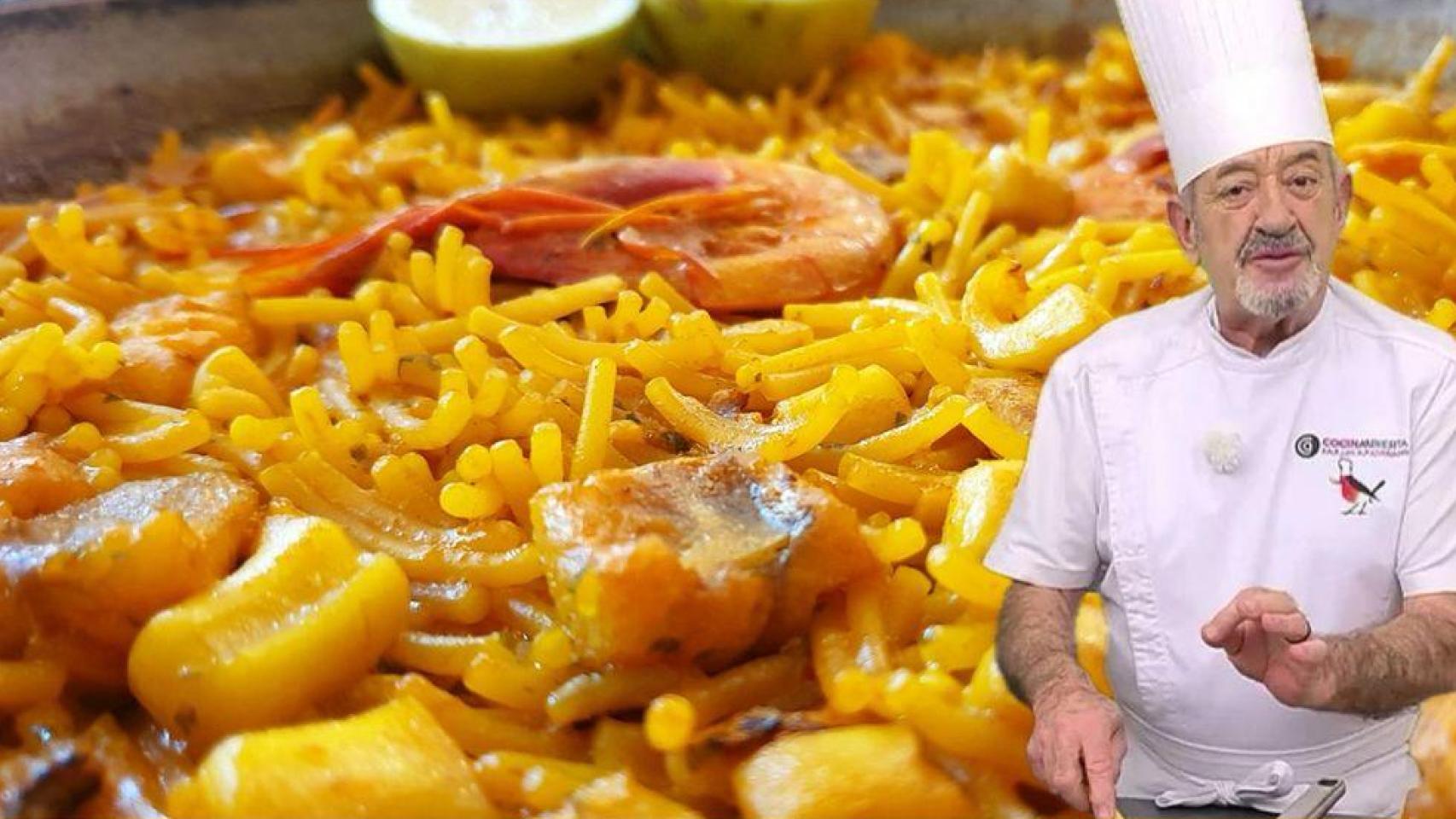 El chef Karlos Arguiñano junto a una sartén con fideuá.