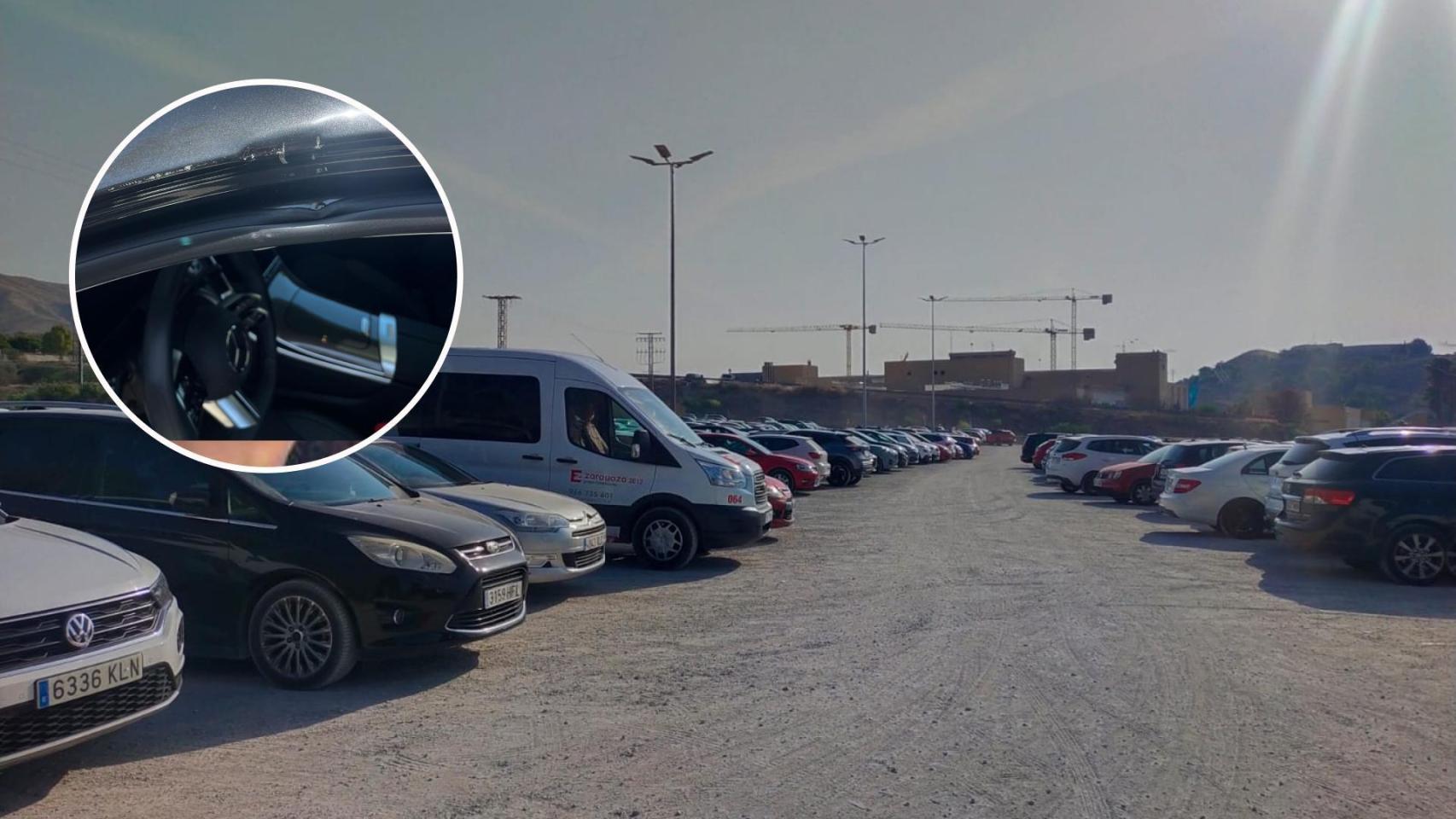 Detalle de una puerta forzada en uno de los parkings del hospital de La Vila, al fondo.