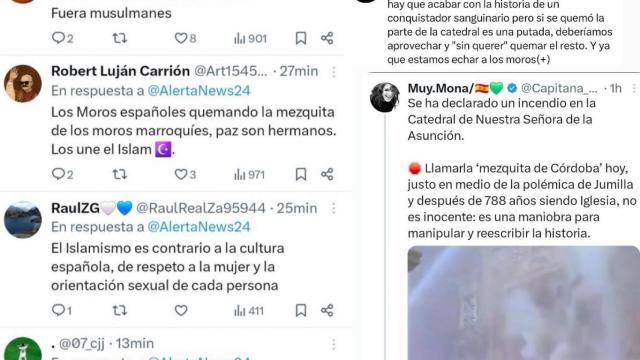 Extractos de comentarios en redes sociales sobre el incendio de la Mezquita de Córdoba.