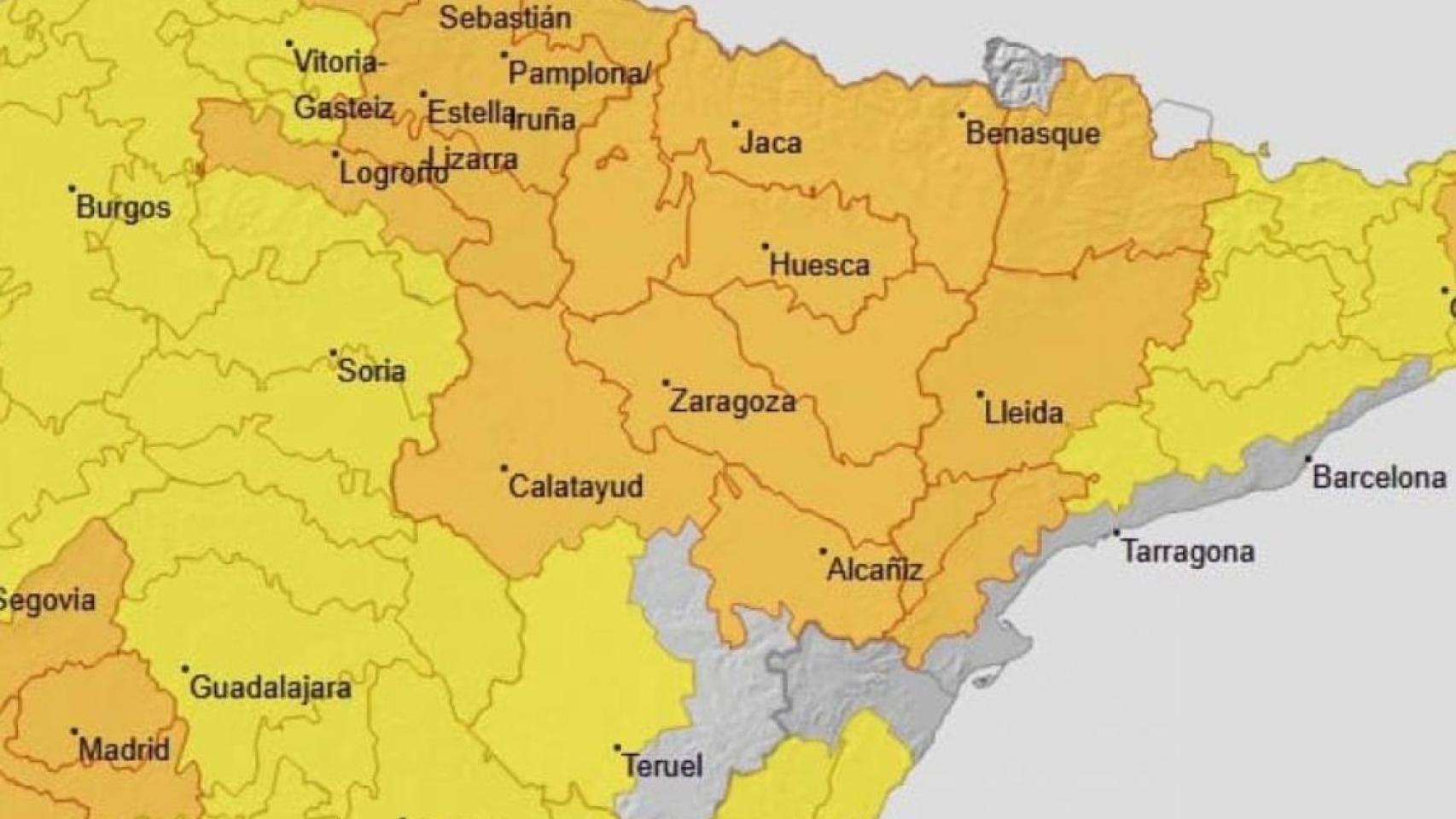 Mapa de avisos de la Aemet en Aragón.