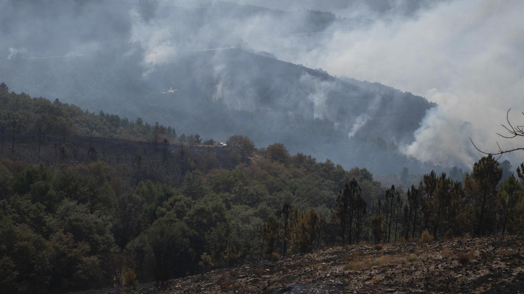 Trabajos de extinción a cargo del helicóptero de la BRIF de Laza en la serra de san Mamede, en el fuego por debajo de la aldea de Teixeira (Maceda), a 10 de agosto de 2025, en Maceda, Ourense, Galicia (España).