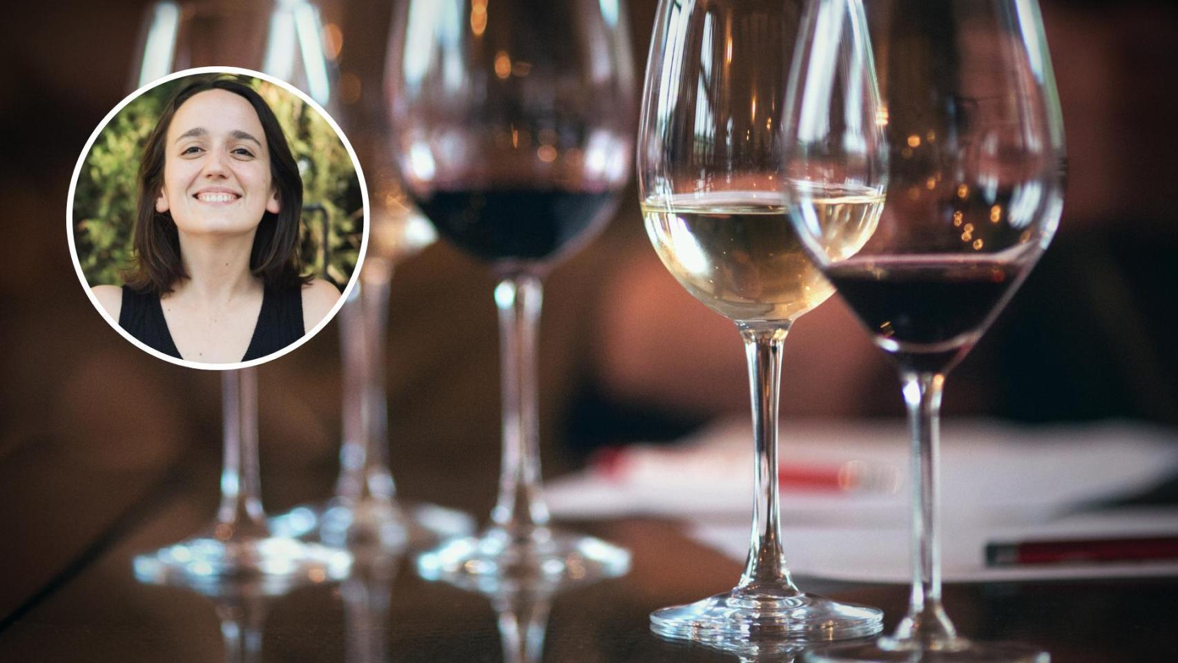 Montaje de la sumiller Marta Clot con un fondo de copas de vino.