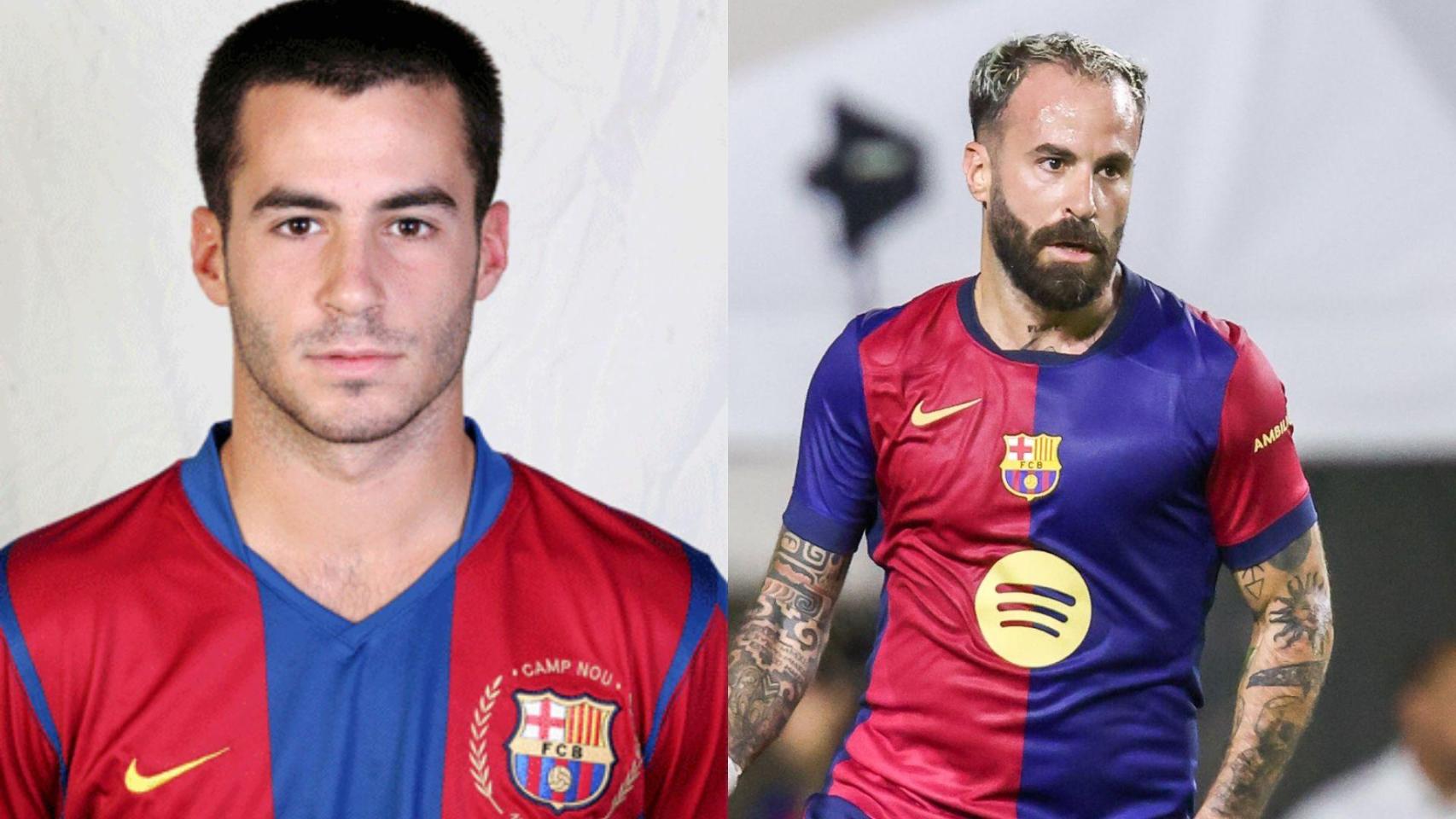 Marc Crosas como canterano del FC Barcelona B y en un amistoso de jugadores retirados.