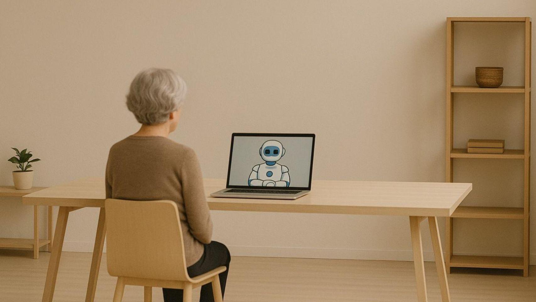 Una mujer realiza una vídeo llamada con un robot en una imagen generada por IA.