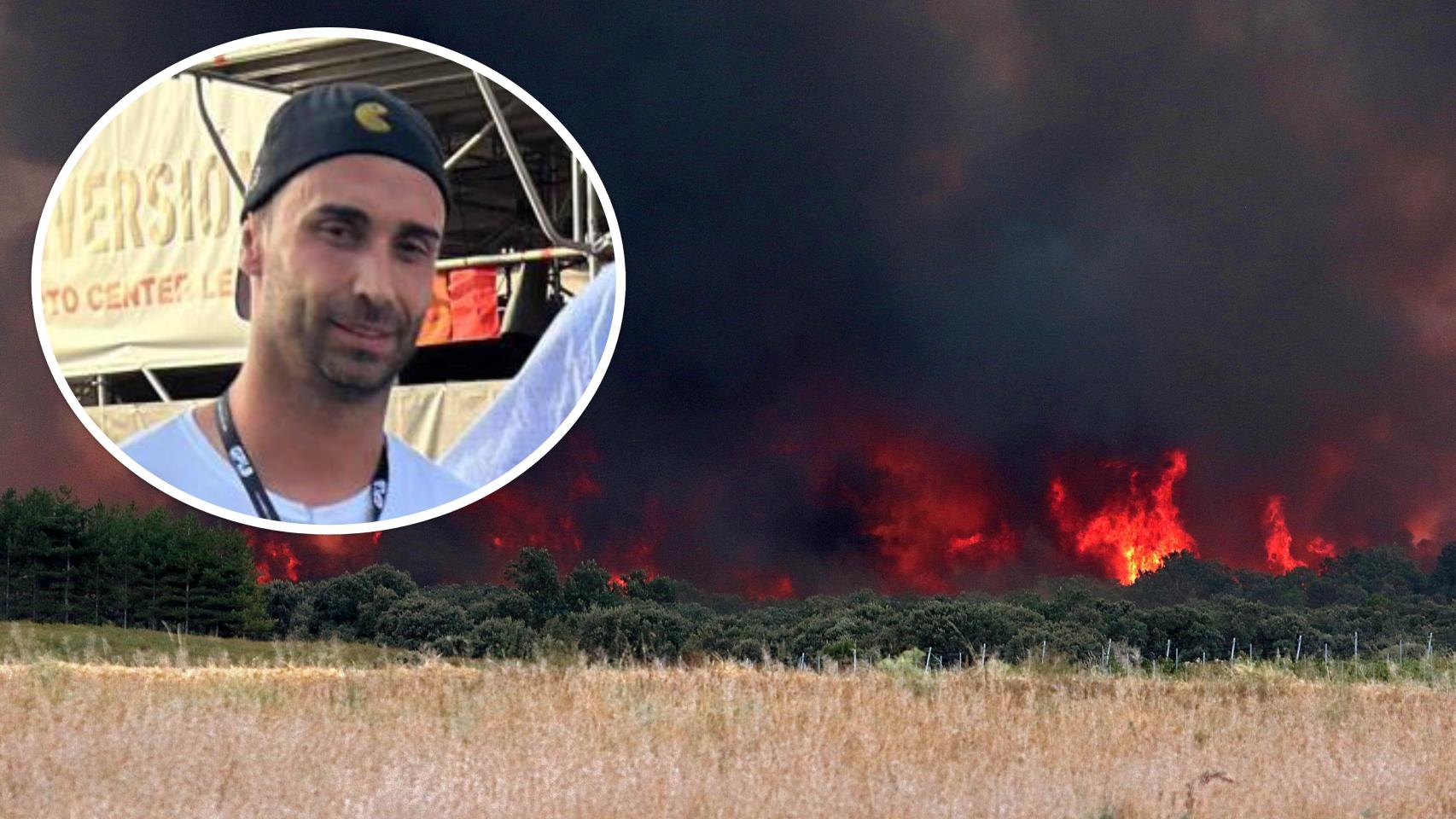 Imagen de las llamas en Herreros de Jamuz (Foto: Peio García - Ical) y, en el círculo, Abel Ramos, el voluntario fallecido (Foto: UPL en la Diputación de León)