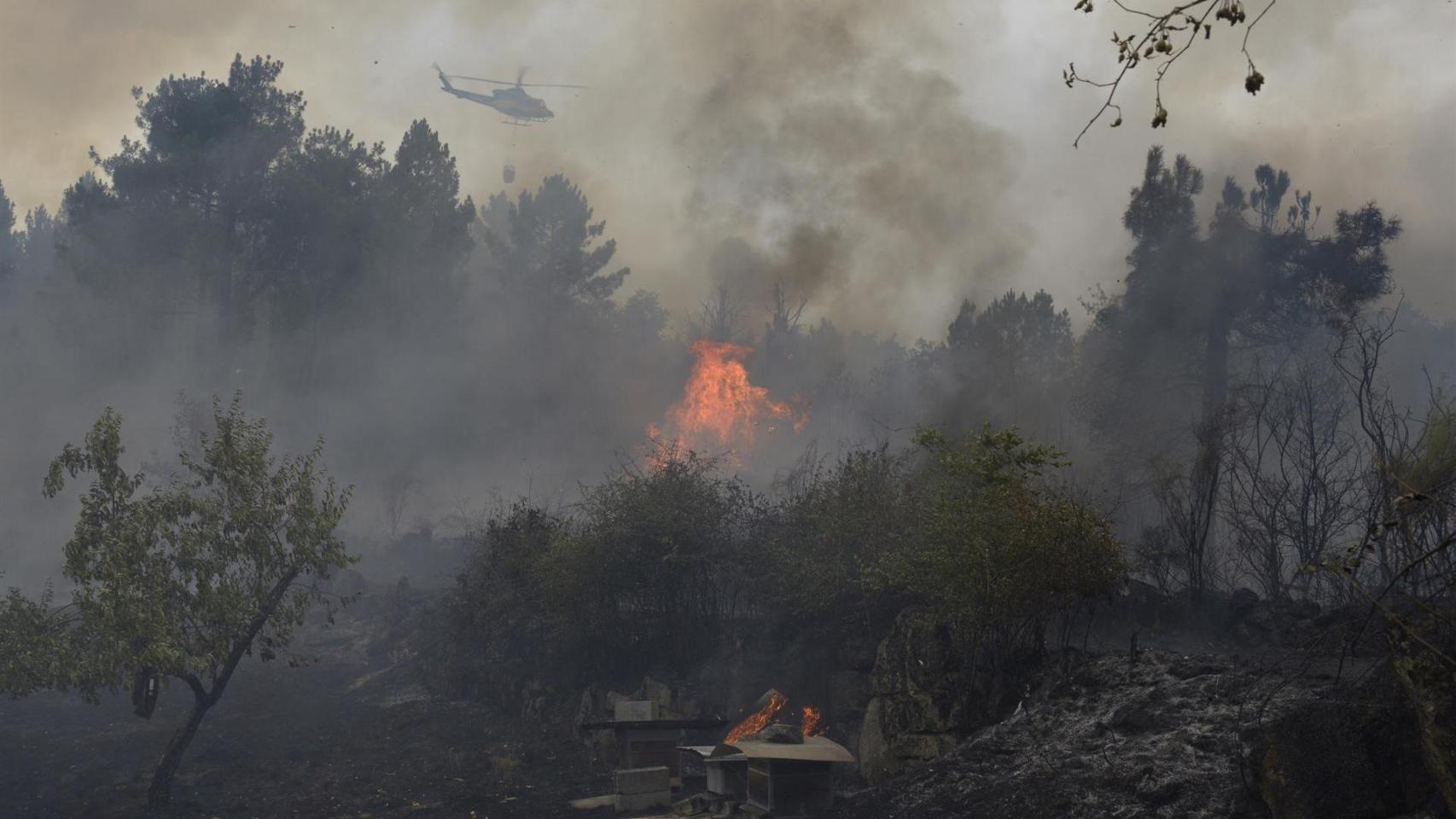 Un helicóptero trata de extinguir el incendio, a 12 de agosto de 2025, en Seixalbo, Ourense.