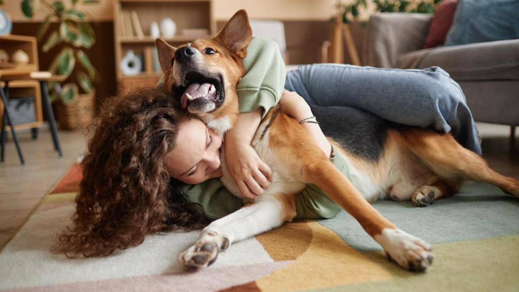 Una chica y un perro jugando en el suelo de una casa.
