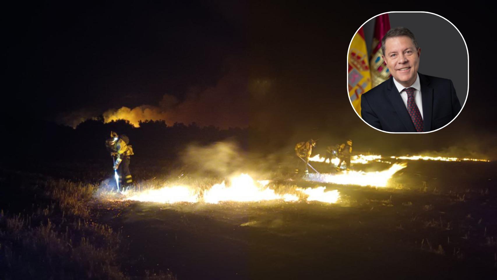 Montaje de Emiliano García-Page con una imagen del incendio en Calera y Chozas (Toledo).