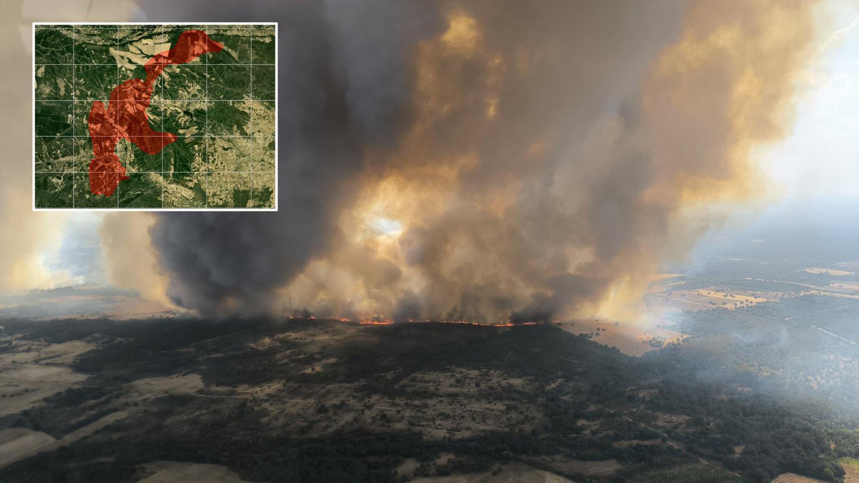 Montaje con el mapa de Copernicus y el incendio de Molezuelas