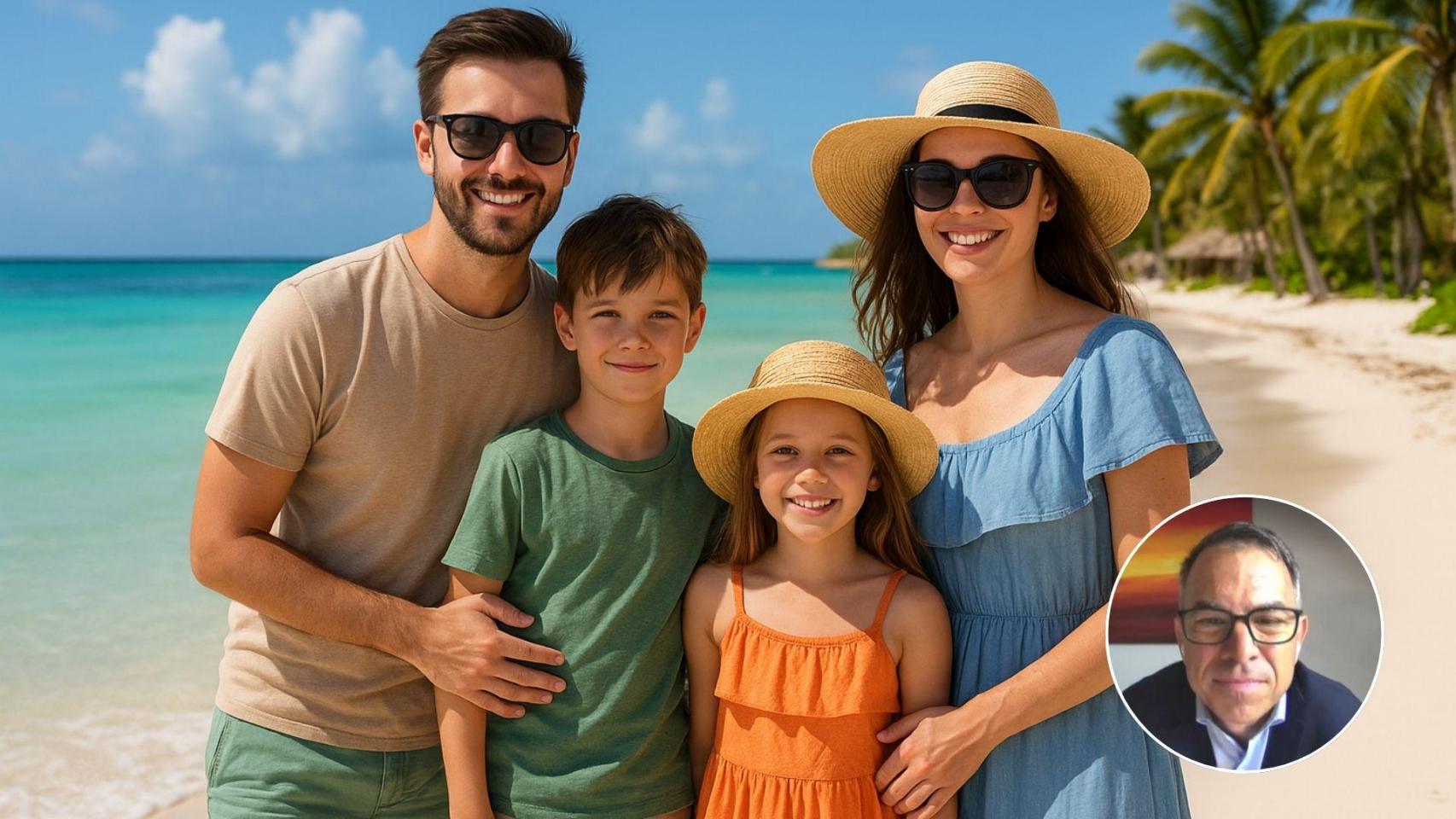 Imagen generada por IA de una familia de vacaciones y Stephan Keschelis.