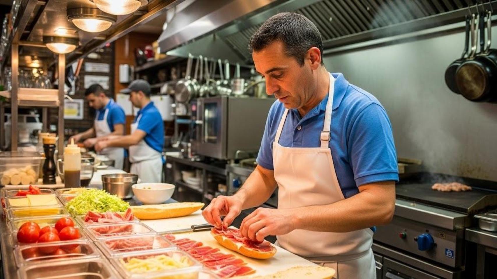 Un hostelero preparando bocadillos en un bar.