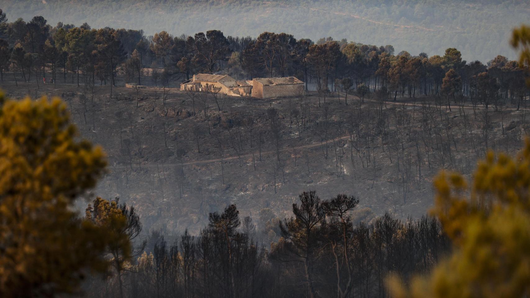 Una construcción afectada por el incendio de Teresa de Cofrentes (Valencia). Efe / Manuel Bruque