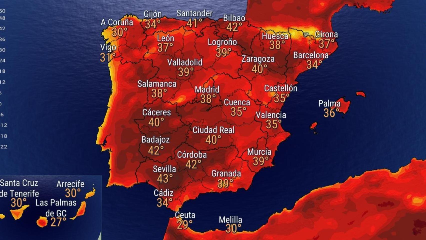 Mapa de temperaturas de España para los próximos días.