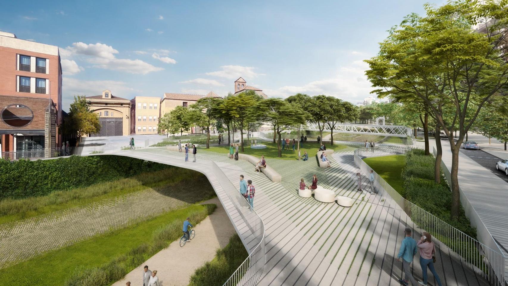 Infografía de una de las plazas-puente proyectada sobre el río Guadalmedina, en Málaga.